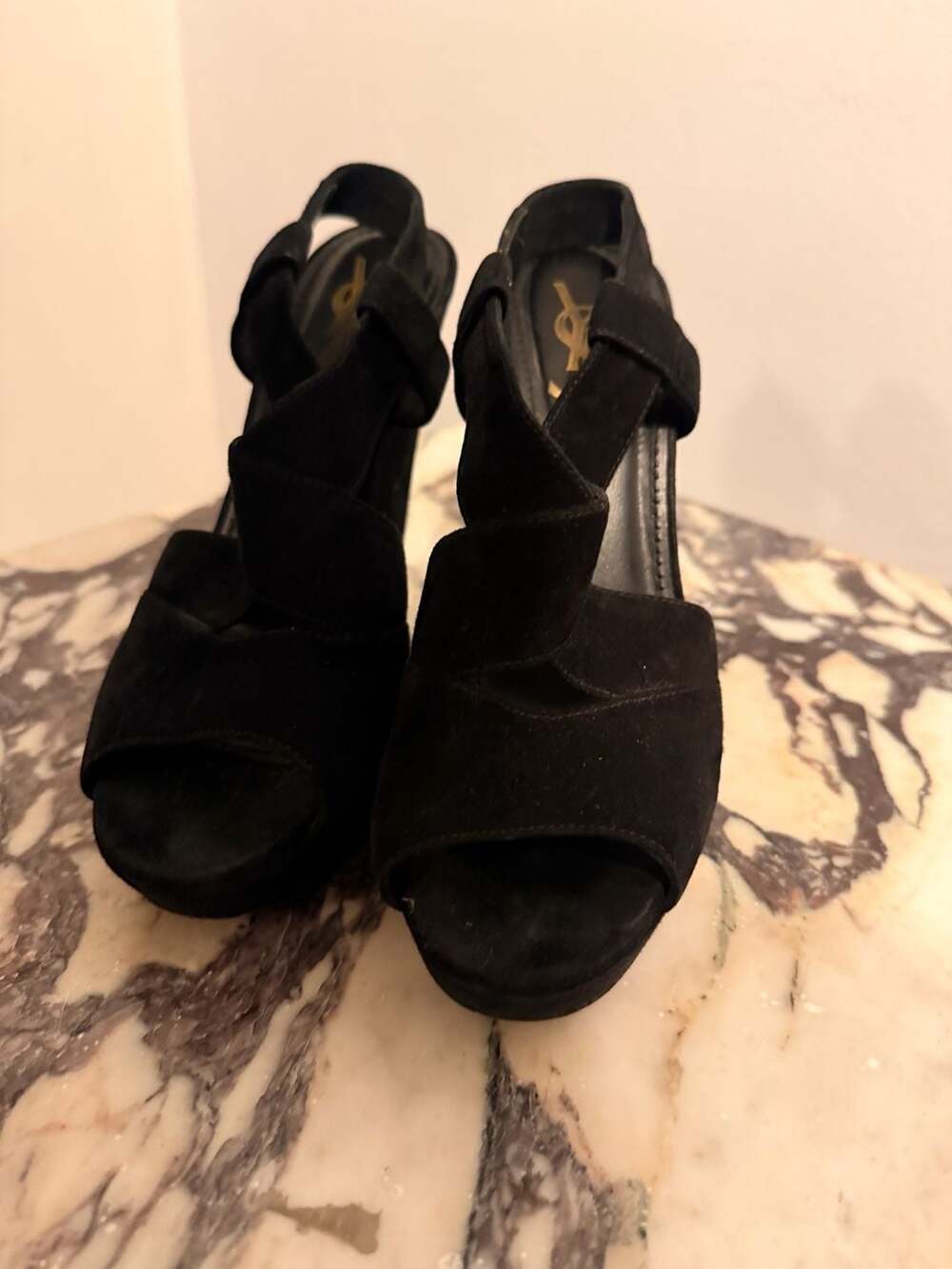 Yves Saint Laurent Suede Peep Toe Wedge Sandals Black